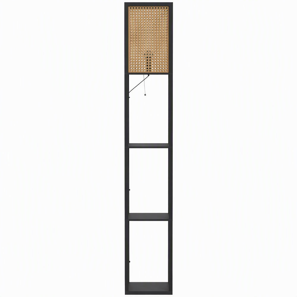 HOMCOM Floor Lamp with Shelves, Rattan Shade and Pull-Chain Switch, 3-Tier Storage Shelves for Bedroom Living Room, Black