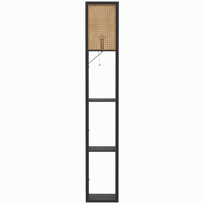 HOMCOM Floor Lamp with Shelves, Rattan Shade and Pull-Chain Switch, 3-Tier Storage Shelves for Bedroom Living Room, Black