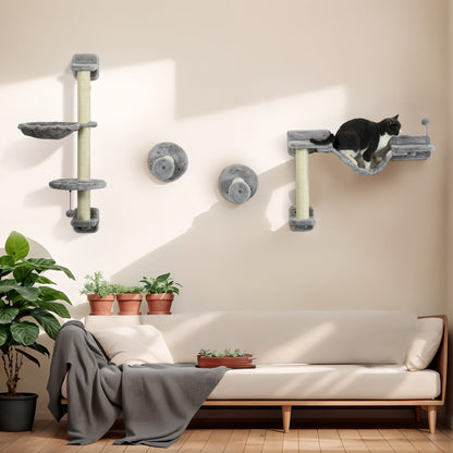 PawHut Four-Piece Cat Wall Furniture with Hammock, Perches, Ladder, Scratching Post, Grey