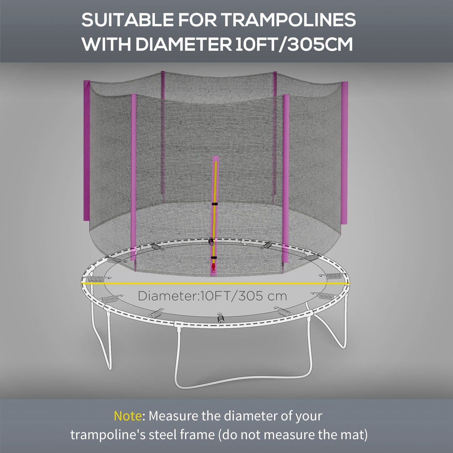 SPORTNOW 10ft Trampoline Net Replacement with 6 Plastic Pole Covers, Weather-Resistant Trampoline Netting Replacement with Zipped Entrance, Poles Not Included, Pink