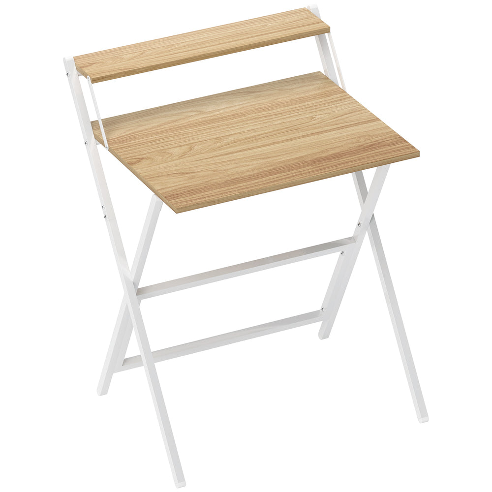 HOMCOM 70 cm Folding Computer Desk with Monitor Shelf - Natural Wood Finish