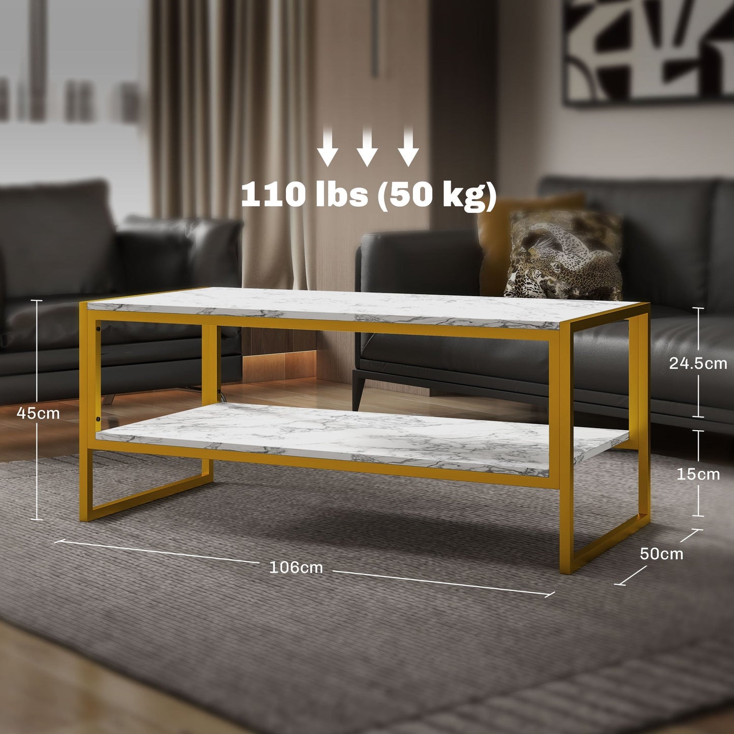 HOMCOM Coffee Table, Two-Tier Faux Marble Effect Centre Table with Metal Frame and Storage Shelf for Living Room, 106 x 50 x 45cm, White