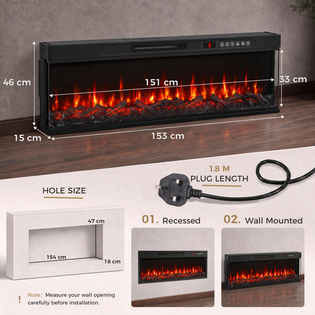 HOMCOM 60" Electric Fireplace Insert, 3-Sided Freestanding/Wall Recessed Electric Fire Heater with Adjustable Flame, 1800W