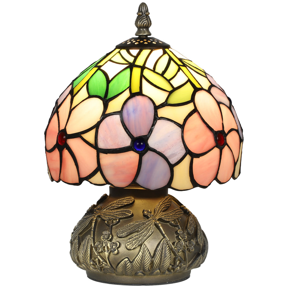 HOMCOM Tiffany-Style Table Lamp with Sculpted Dragonfly Base, Handcrafted Antique Stained Glass Bedside Lamp for Living Room and Bedroom, E27 Socket, Pink