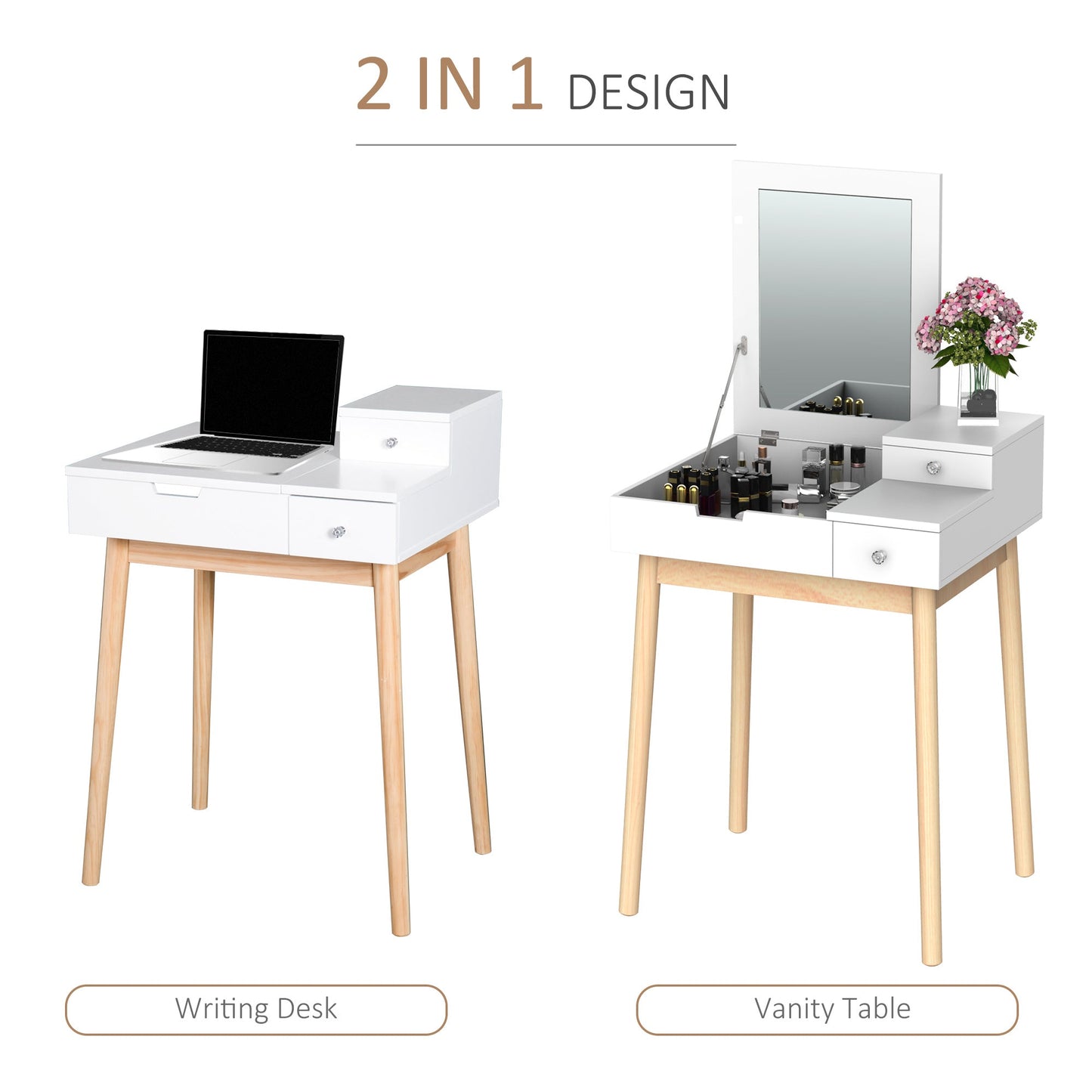 HOMCOM MDF,Pine Dressing Table Desk Flip-up Mirror Multi-purpose 2 Drawers Modern - White