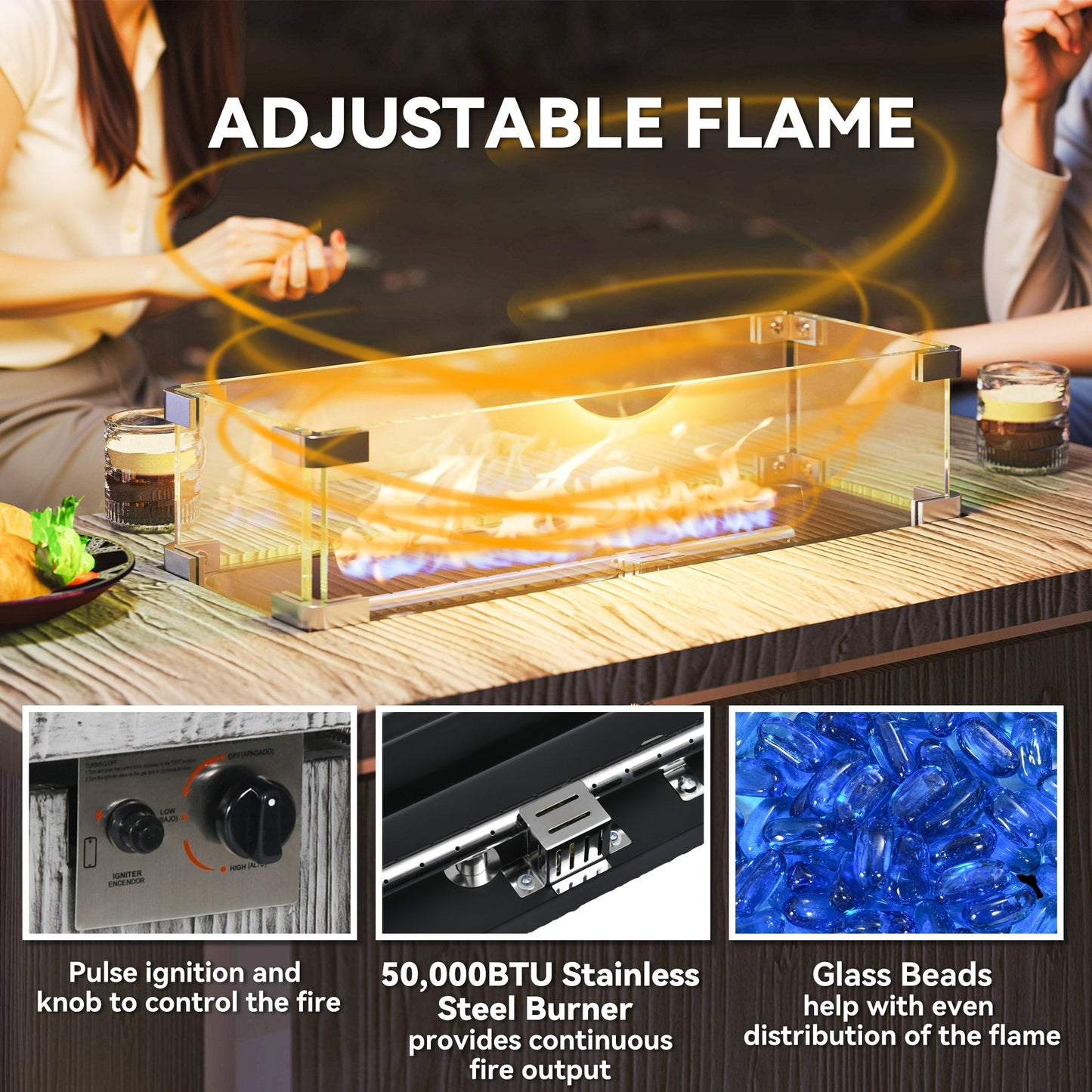 Outsunny 50,000 BTU Gas Fire Pit Table with Cover and Glass Screen - Dark Grey