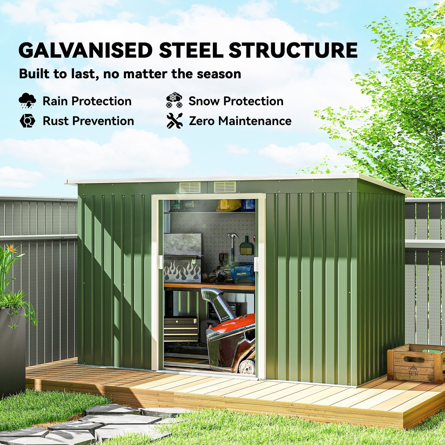 Outsunny 9ft x 4ft Metal Garden Shed, Outdoor Tool House with Foundation Kit, Ventilations and Double Doors, Light Green