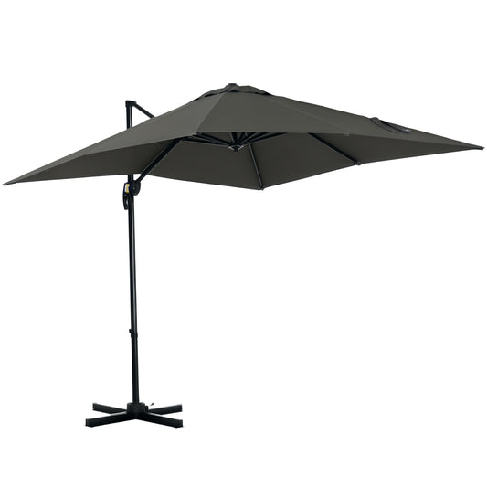 Outsunny 2.5 x 2.5m Patio Offset Parasol Umbrella Cantilever Hanging Aluminium Sun Shade Canopy Shelter 360° Rotation with Crank Handle and Cross Base, Grey