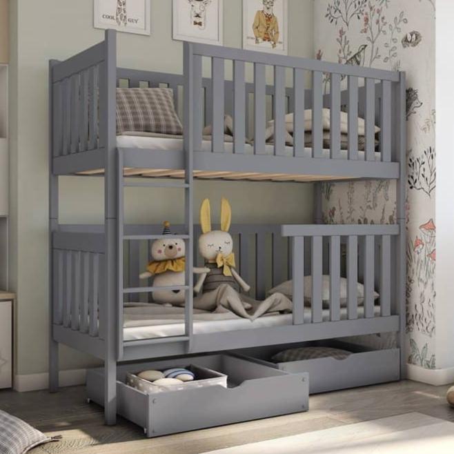Gray bunk bed with toys inside, in a room setting.