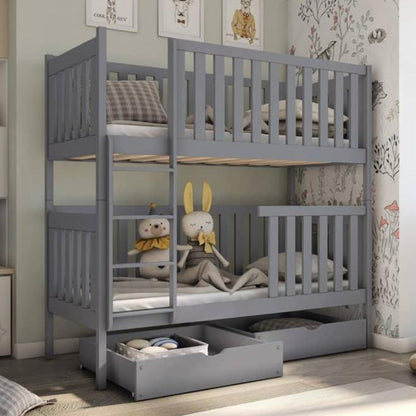 Gray bunk bed with toys inside, in a room setting.