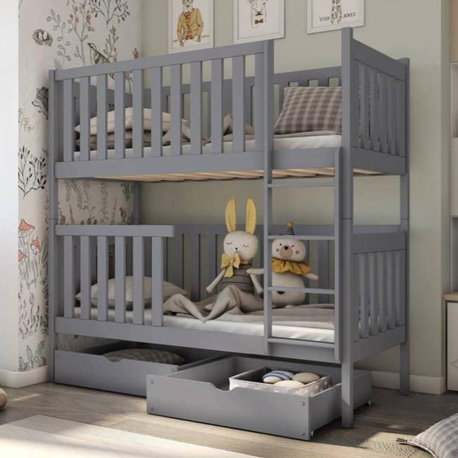 Gray bunk bed with storage drawers in a room setting