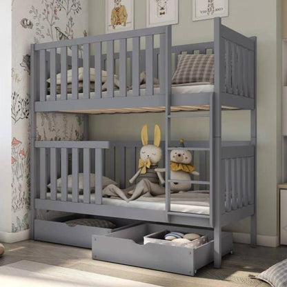 Gray bunk bed with storage drawers in a room setting
