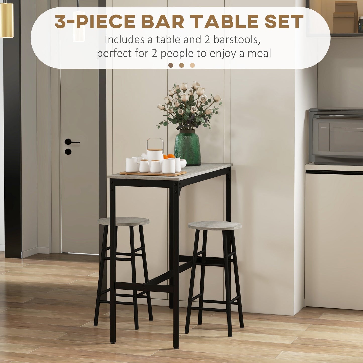 HOMCOM 3 Piece Bar Table Set with 2 Stools, Industrial Bar Table and Stool Set, Dining Table and Chair Set, Grey