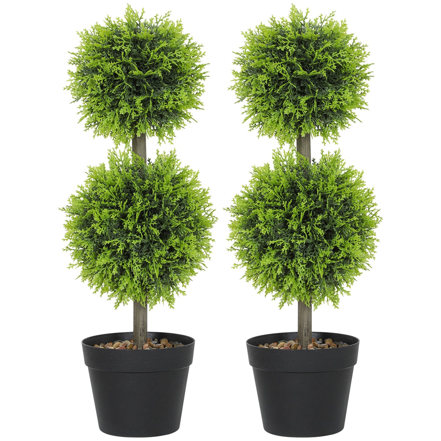 HOMCOM Set of 2 Decorative Artificial Plants, 60cm Faux Topiary Cypress Ball Trees with Plastic Pot and Pebbles, Fake Plants for Home Office Decor, Green