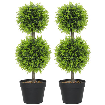HOMCOM Set of 2 Decorative Artificial Plants, 60cm Faux Topiary Cypress Ball Trees with Plastic Pot and Pebbles, Fake Plants for Home Office Decor, Green