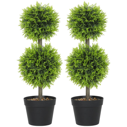 HOMCOM Set of 2 Decorative Artificial Plants, 60cm Faux Topiary Cypress Ball Trees with Plastic Pot and Pebbles, Fake Plants for Home Office Decor, Green