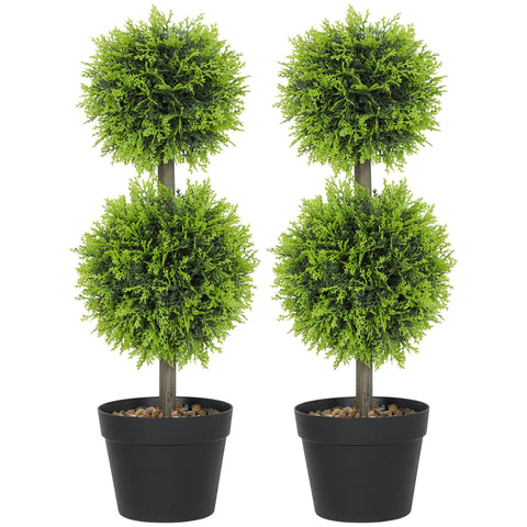 HOMCOM Set of 2 Decorative Artificial Plants, 60cm Faux Topiary Cypress Ball Trees with Plastic Pot and Pebbles, Fake Plants for Home Office Decor, Green