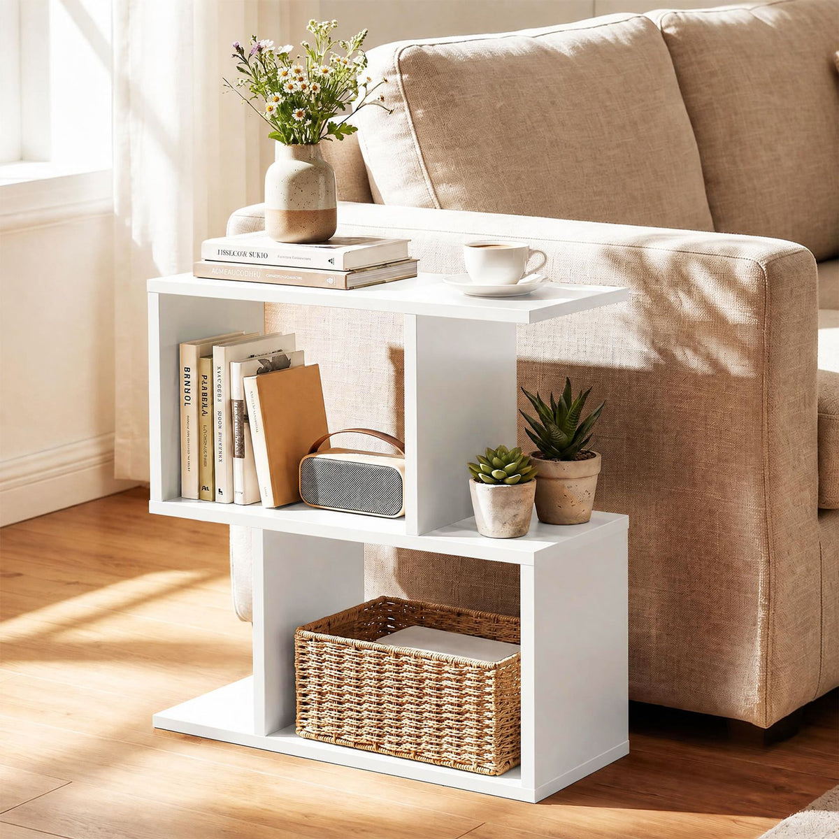 Decorative Storage Shelf Featuring Open Layout and Non-Slip Foot Pads for Entryway Living Room-White