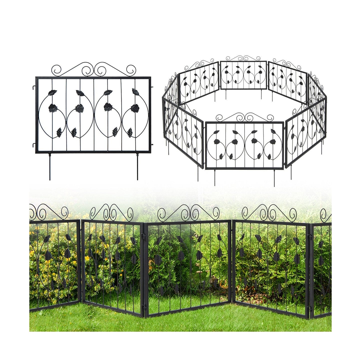 464 x 58 cm Decorative Garden Fence with 8 Panels-Black