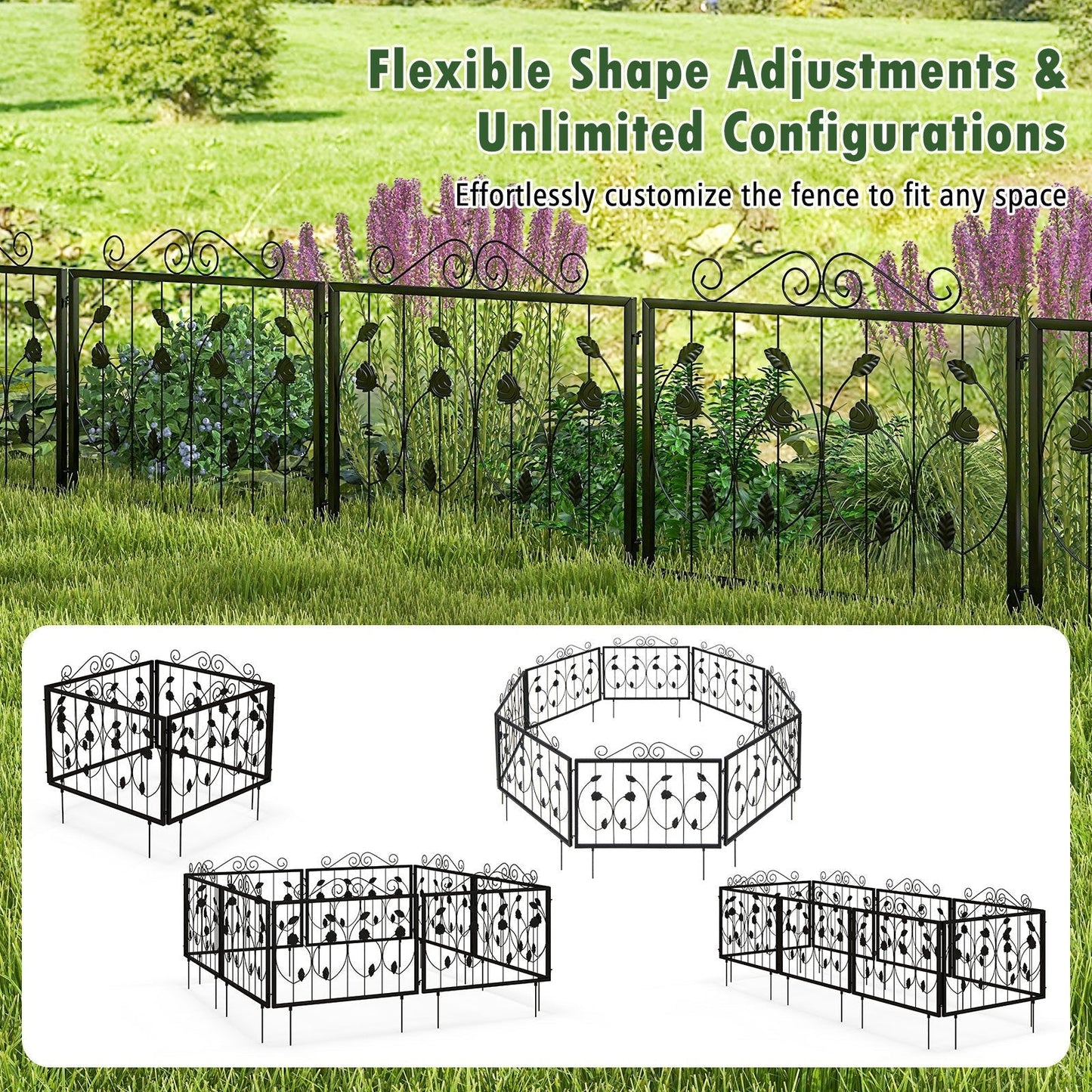 464 x 58 cm Decorative Garden Fence with 8 Panels-Black