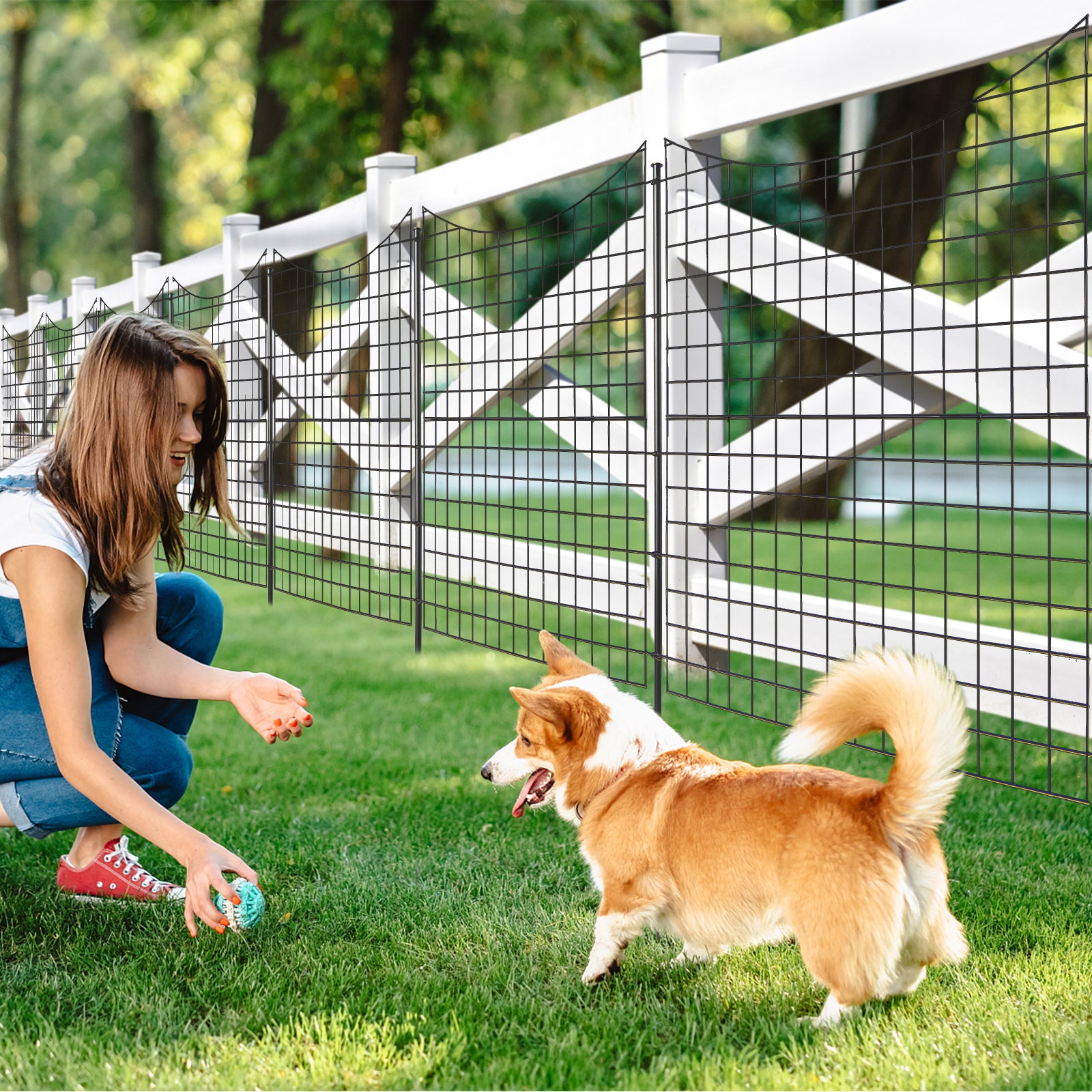 Decorative Garden Fence with 5 Panels and 5 Stakes Outdoor Animal Barrier-Black