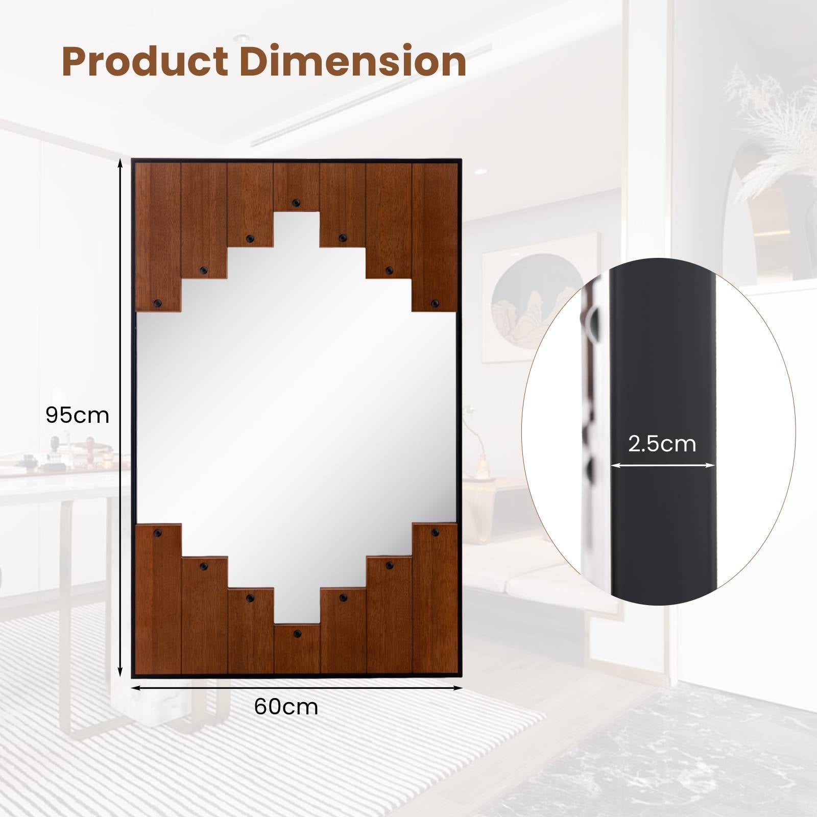 Decorative Rectangle Wall Mirror with Piano Key-Shaped Frame-Black