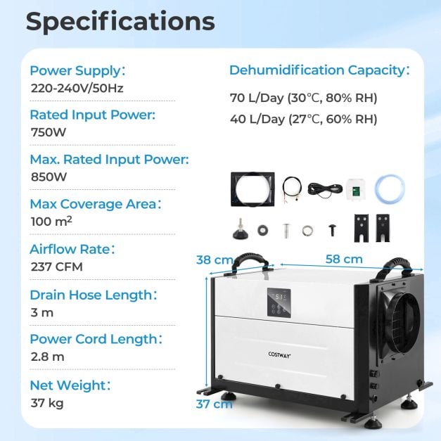 50/70L/Day Crawl Space Dehumidifier with 3 Modes and 24H Timer-Black-70L