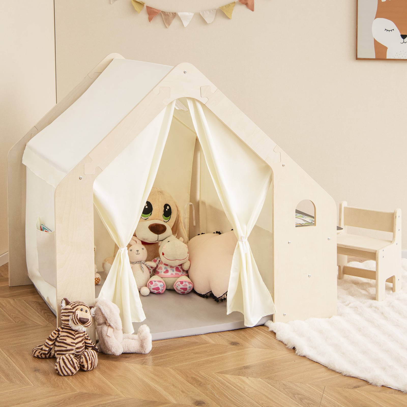 Indoor Playhouse with Storage Bin and Floor Mat for Toddlers-Natural