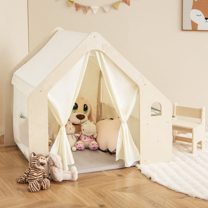 Indoor Playhouse with Storage Bin and Floor Mat for Toddlers-Natural