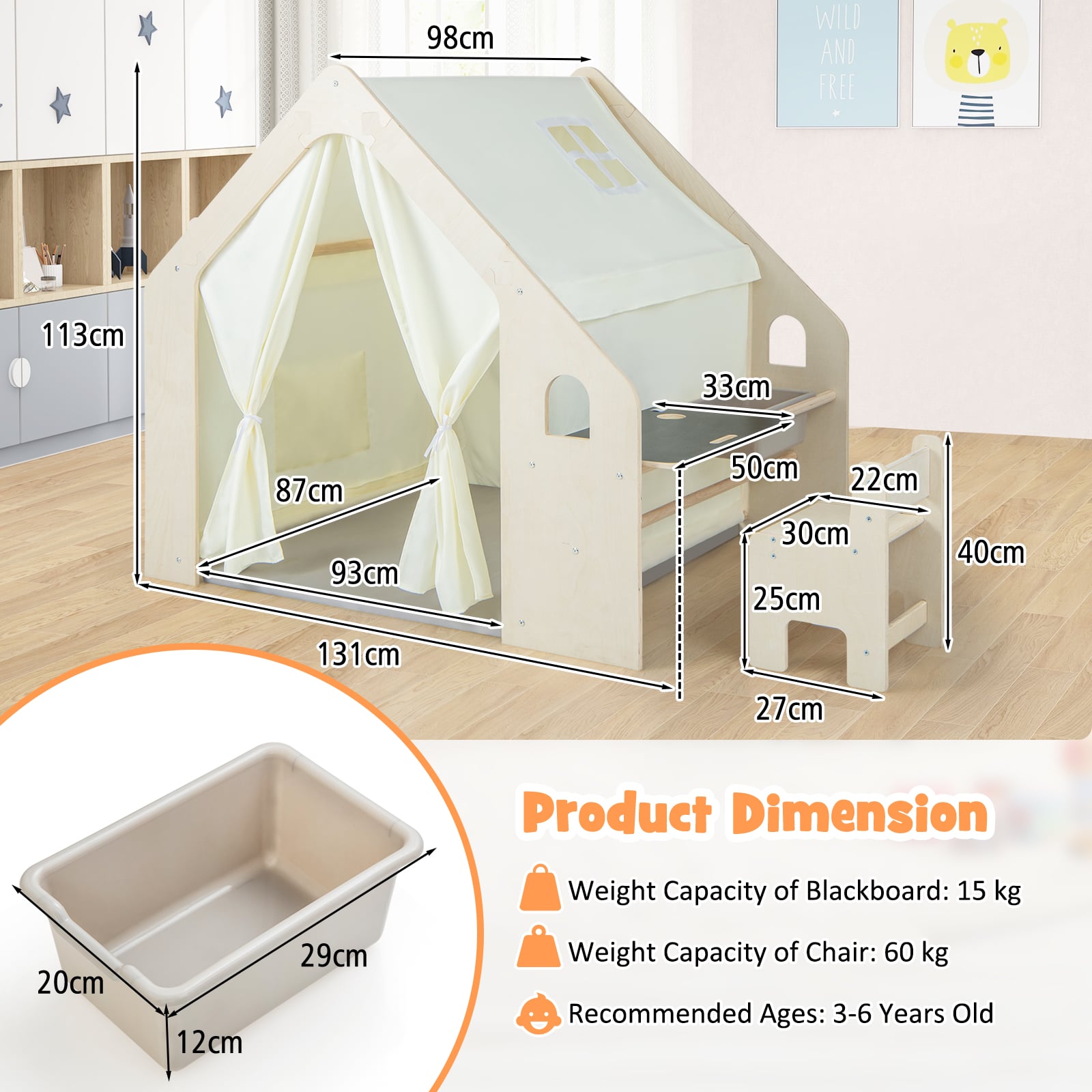 Indoor Playhouse with Storage Bin and Floor Mat for Toddlers-Natural