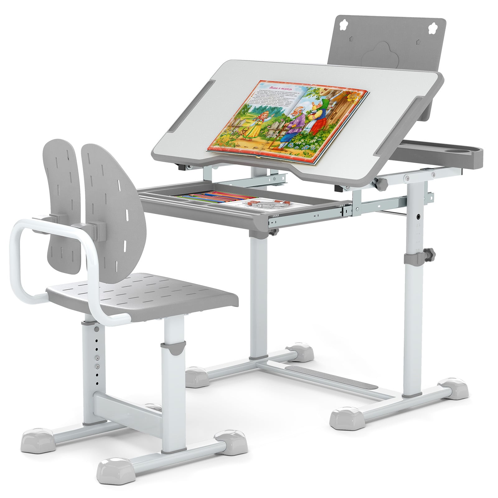 Height-Adjustable Kid's Study Desk and Chair Set with Tilt Desktop and Footrest Bar-Grey