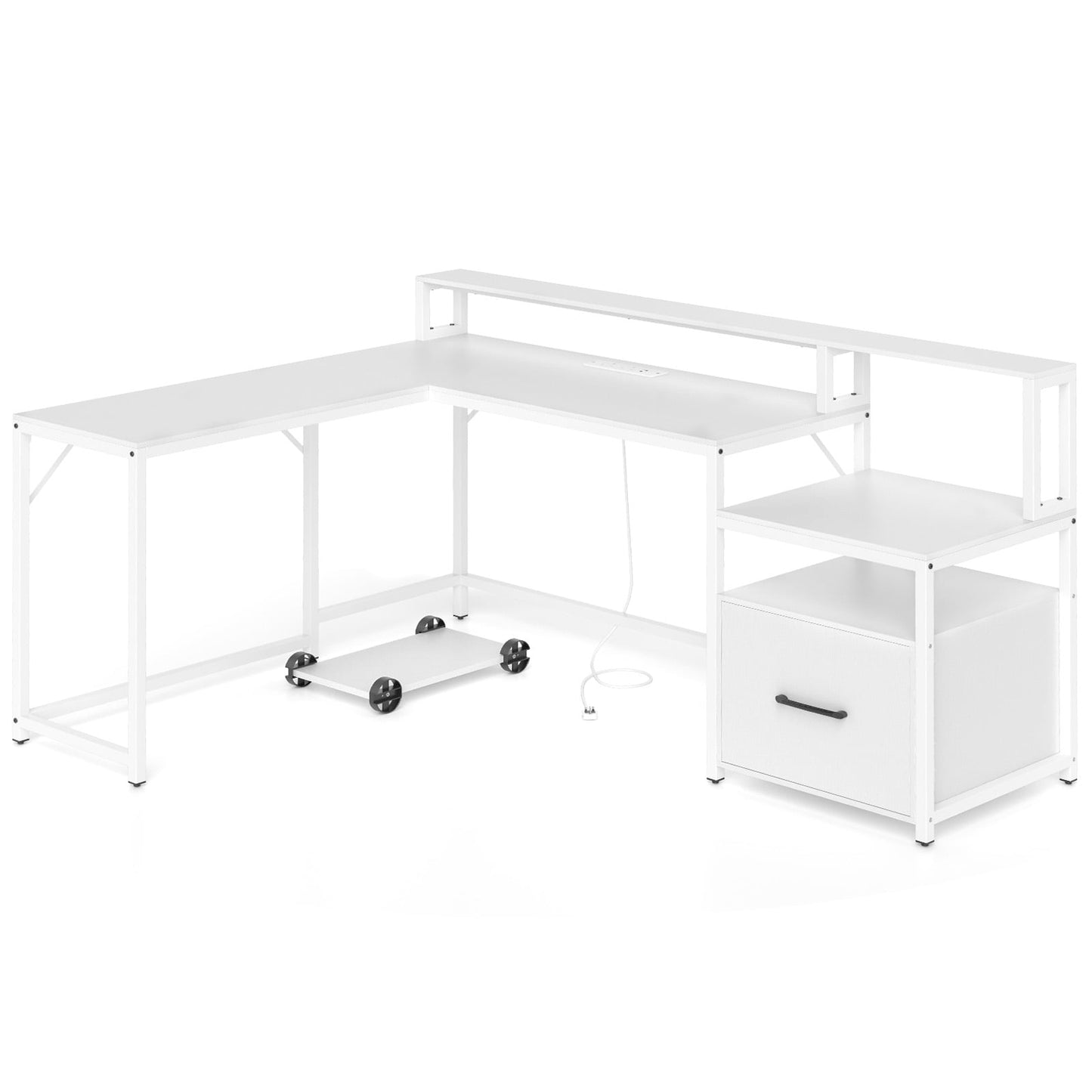 L-shaped Desk with Power Outlet and File Drawer-White