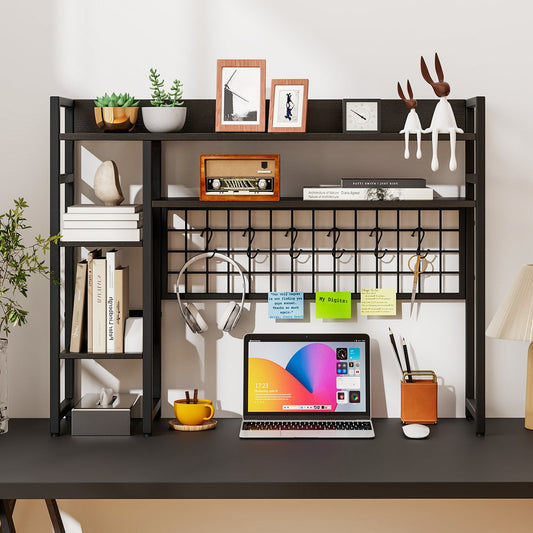 Desktop Bookshelf with 4 Open Storage Shelves for Computer Monitor Up to 32 Inch-Black