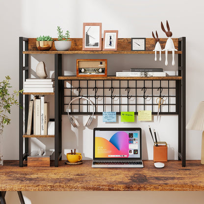 Desktop Bookshelf with 4 Open Storage Shelves for Computer Monitor Up to 32 Inch-Rustic Brown