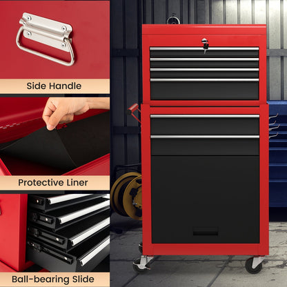 Detachable Tool Storage Cabinet with 4 Hooks and Wheels-Black & Red