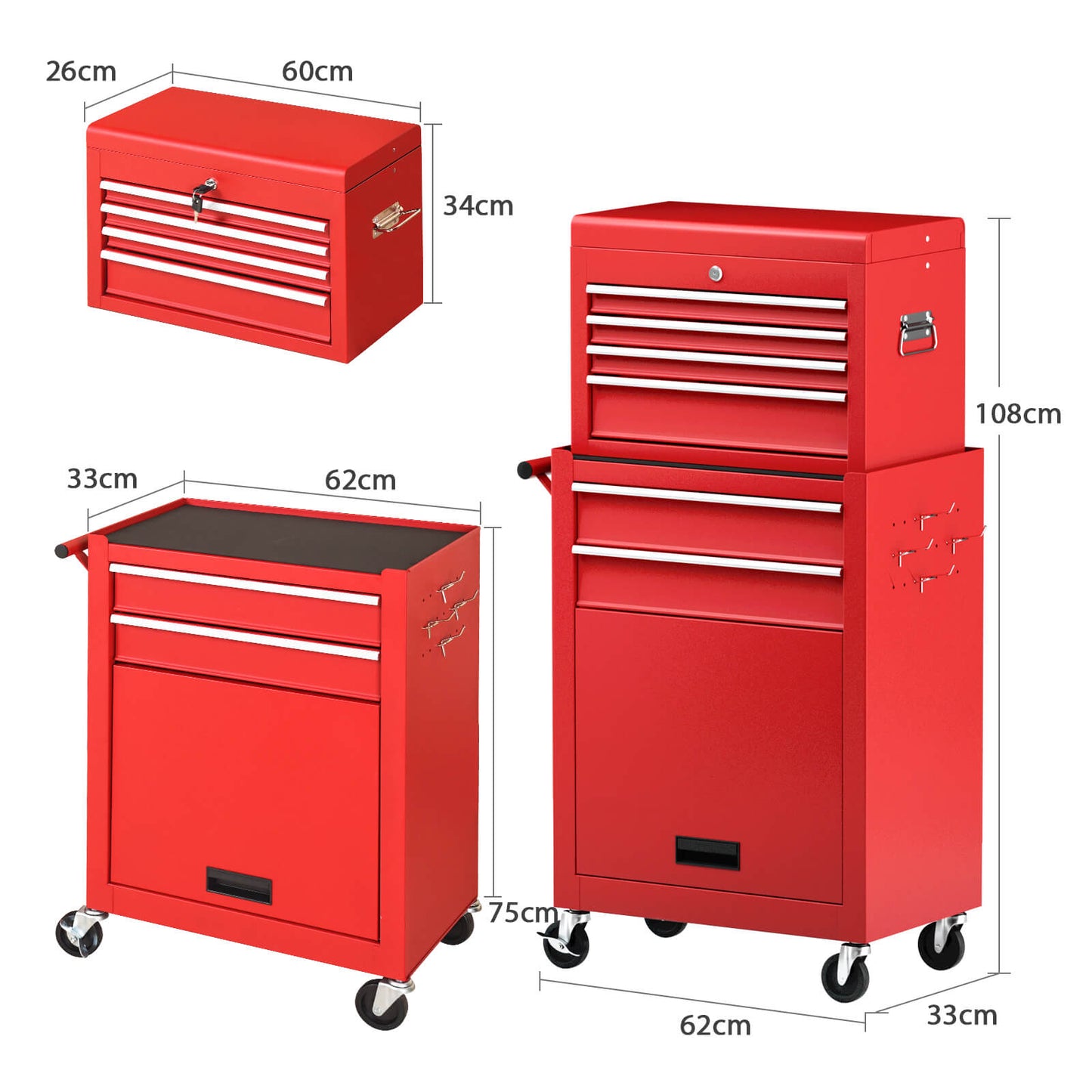 Detachable Tool Storage Cabinet with 4 Hooks and Wheels-Red