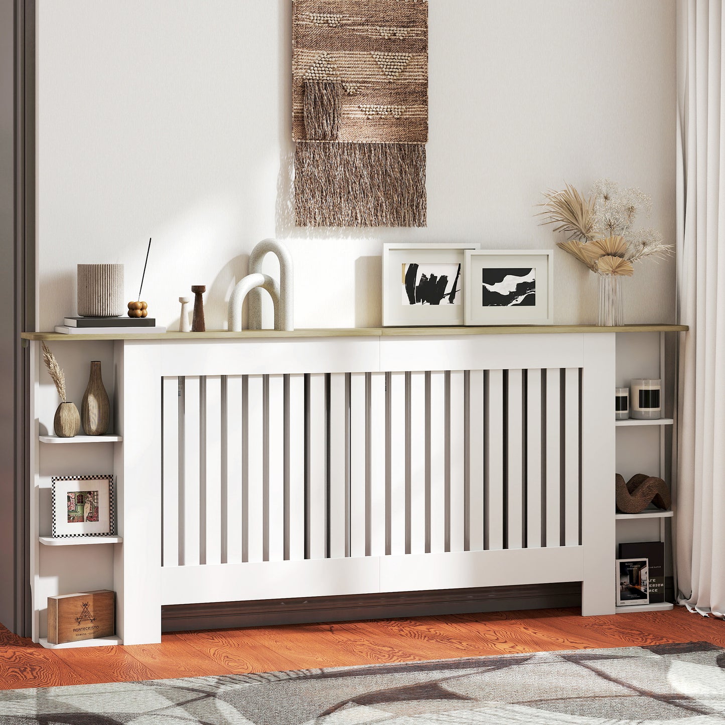 HOMCOM Radiator Cover with Open Storage Shelves, Vertical Slatted Cabinet Shelf Heater Cover for Living Room, Hallway, Extra Large, White (H: 83 / W: 191 / D: 19 cm)