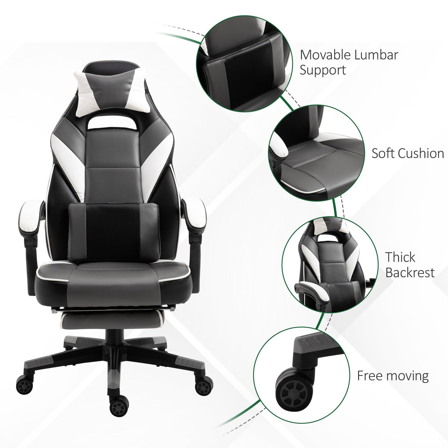 Vinsetto Gaming Chair Ergonomic Recliner w/ Thick Padding Footrest Headrest Lumbar Pillow 5 Wheels Racing Swivel Height Adjustable Home Office Grey