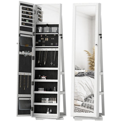 HOMCOM 360° Swivel Jewellery Cabinet, Free Standing Full Length Mirror with Storage, Lockable Jewellery Organiser with Built-in Makeup Mirror and Storage Shelves for Bedroom, White