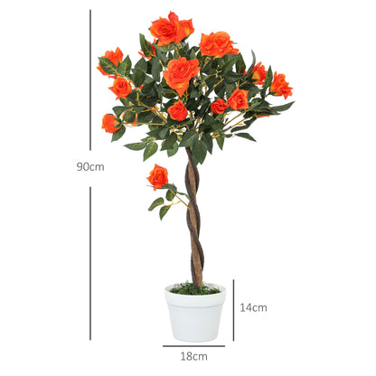 Outsunny Set of 2 Artificial Plants White Rose Floral in Pot, Fake Plants for Home Indoor Decor, 90cm, Orange