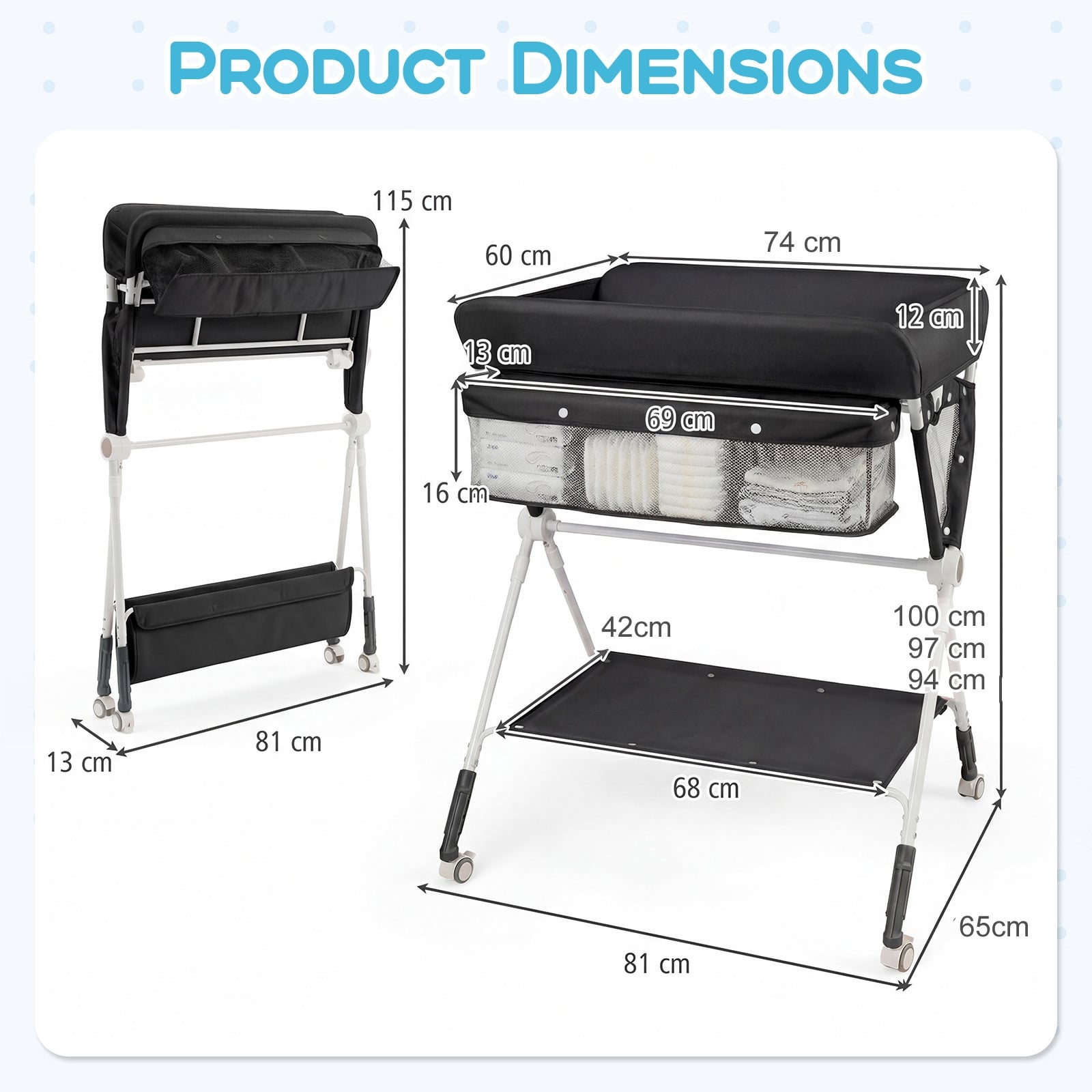 Diaper Changing Station with 3 Position Adjustable Level and 4 Universal Wheels-Black