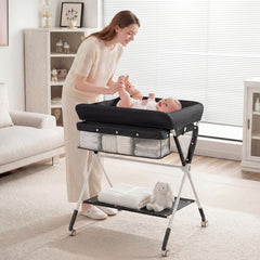 Diaper Changing Station with 3 Position Adjustable Level and 4 Universal Wheels-Black
