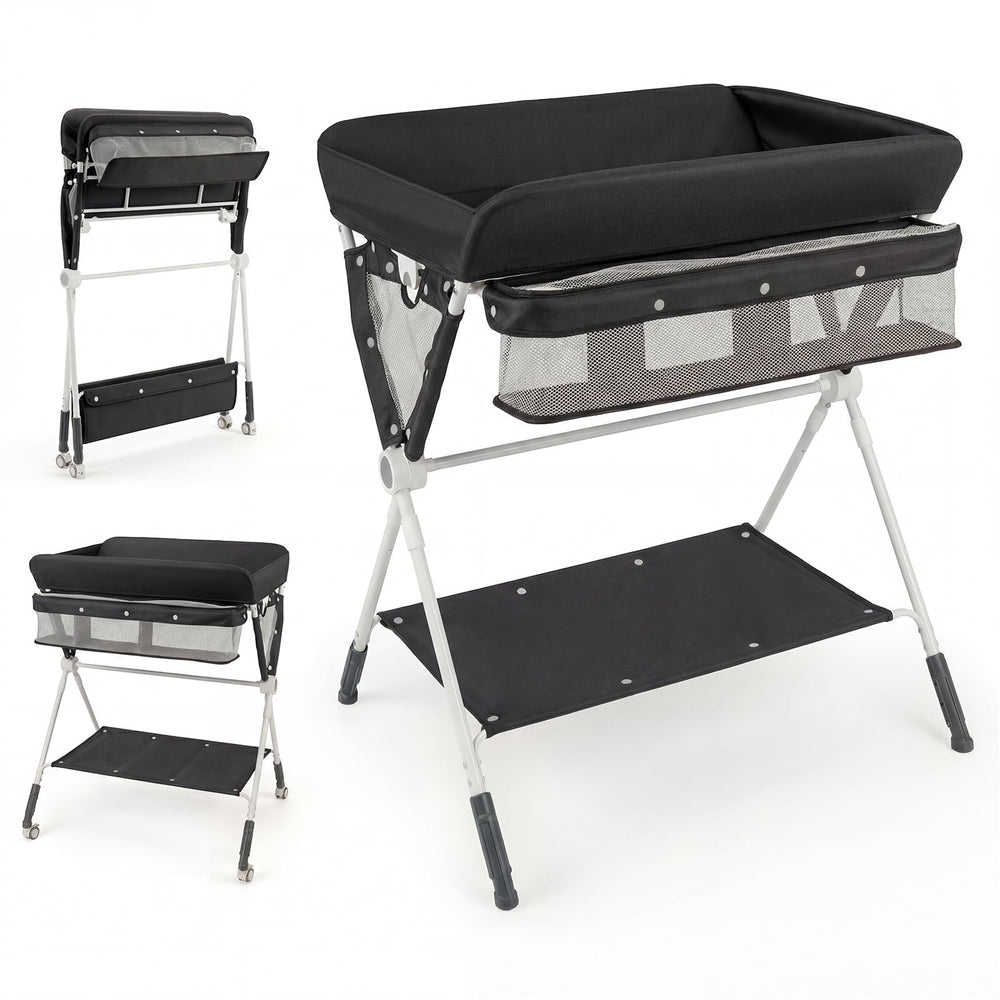 Diaper Changing Station with 3 Position Adjustable Level and 4 Universal Wheels-Black