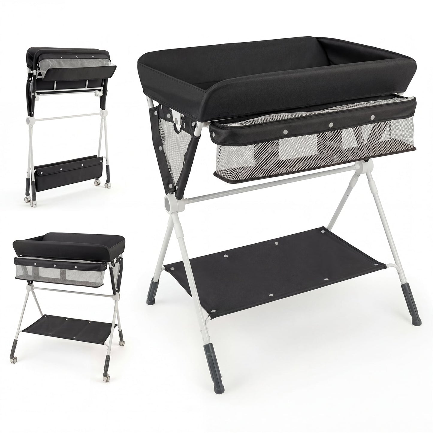Diaper Changing Station with 3 Position Adjustable Level and 4 Universal Wheels-Black