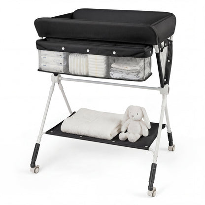 Diaper Changing Station with 3 Position Adjustable Level and 4 Universal Wheels-Black