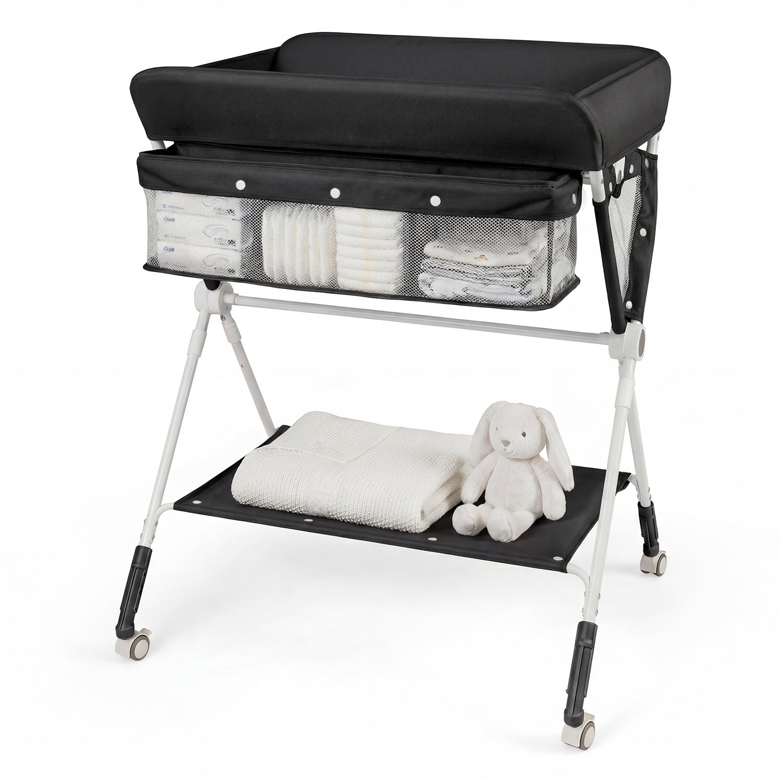 Diaper Changing Station with 3 Position Adjustable Level and 4 Universal Wheels-Black