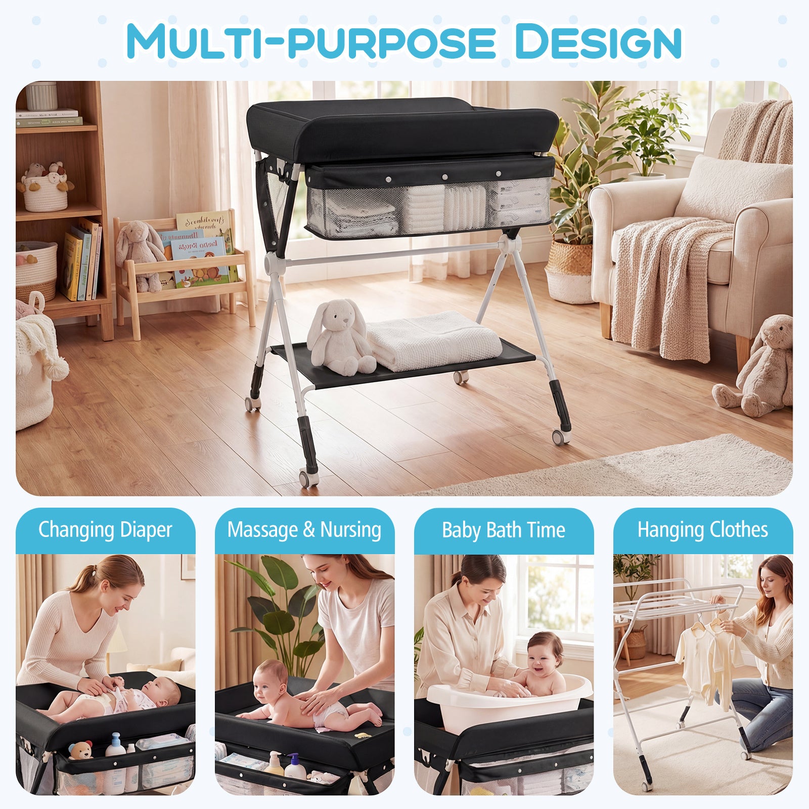 Diaper Changing Station with 3 Position Adjustable Level and 4 Universal Wheels-Black