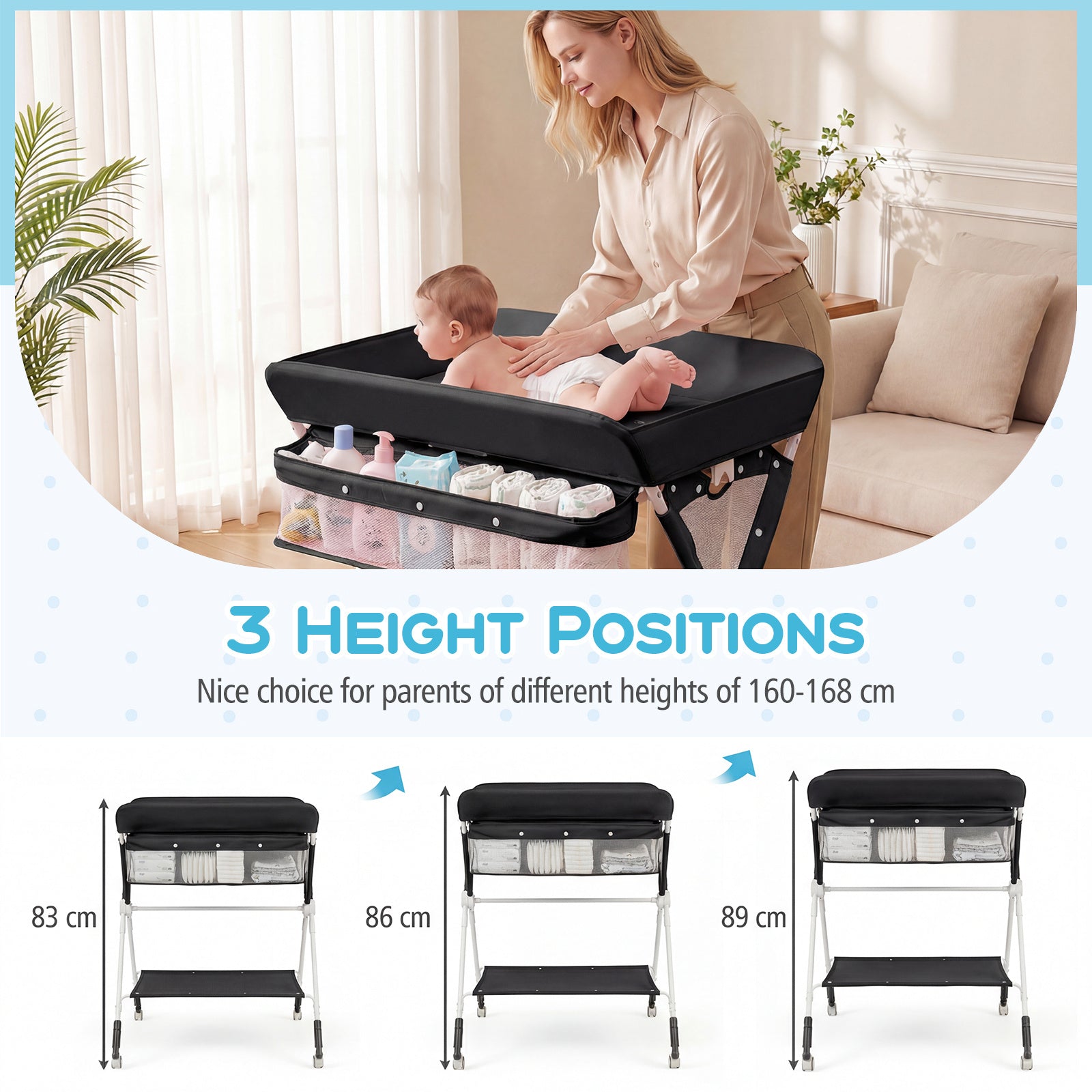 Diaper Changing Station with 3 Position Adjustable Level and 4 Universal Wheels-Black