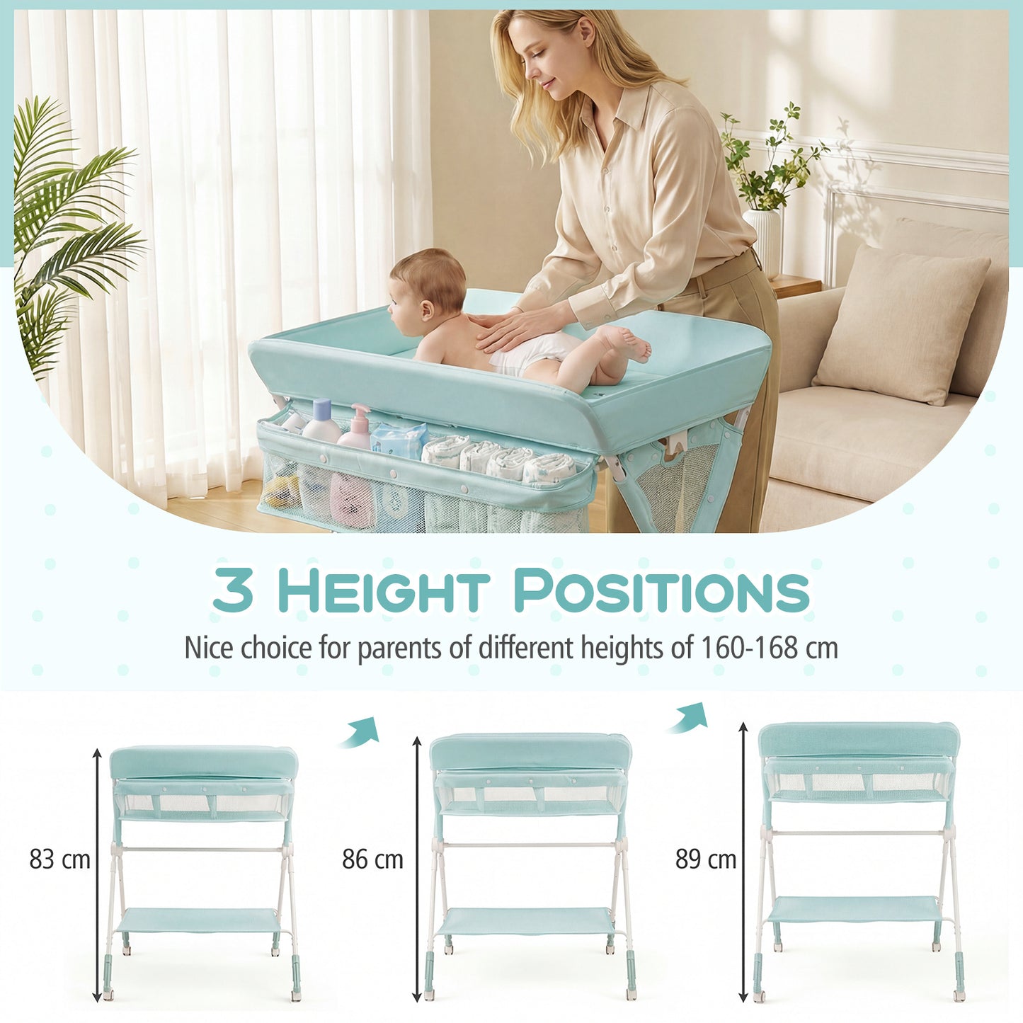 Diaper Changing Station with 3 Position Adjustable Level and 4 Universal Wheels-Green
