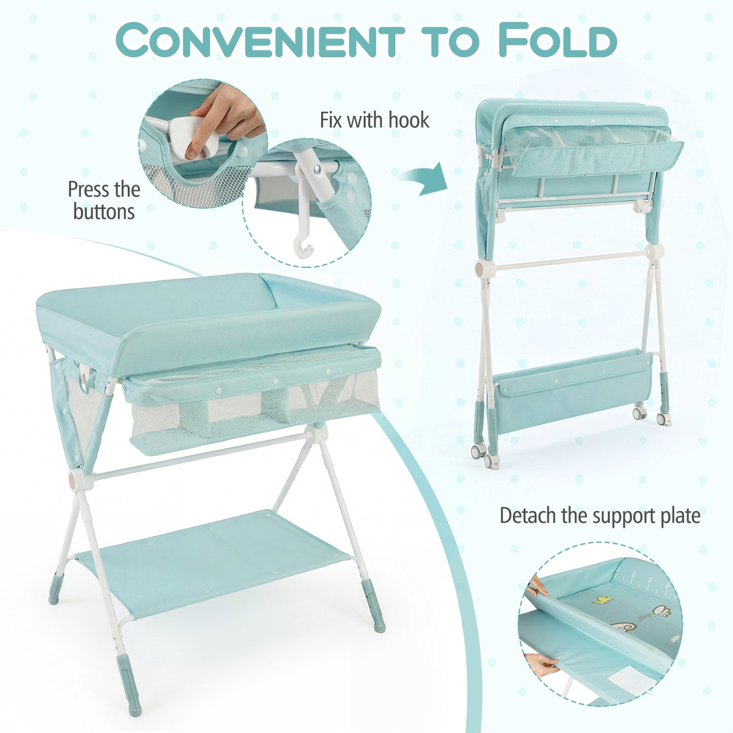 Diaper Changing Station with 3 Position Adjustable Level and 4 Universal Wheels-Green